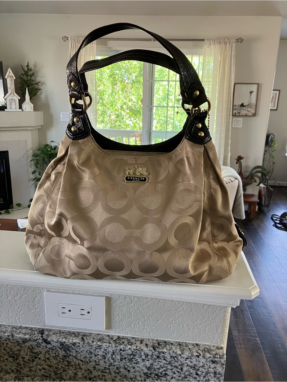 Coach Women's Signature Hobo Bag in Khaki with Black Trim